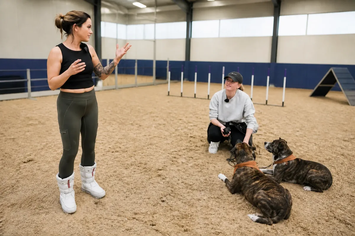 Jo-Rosie Haffenden kneeling with a dog in the training arena